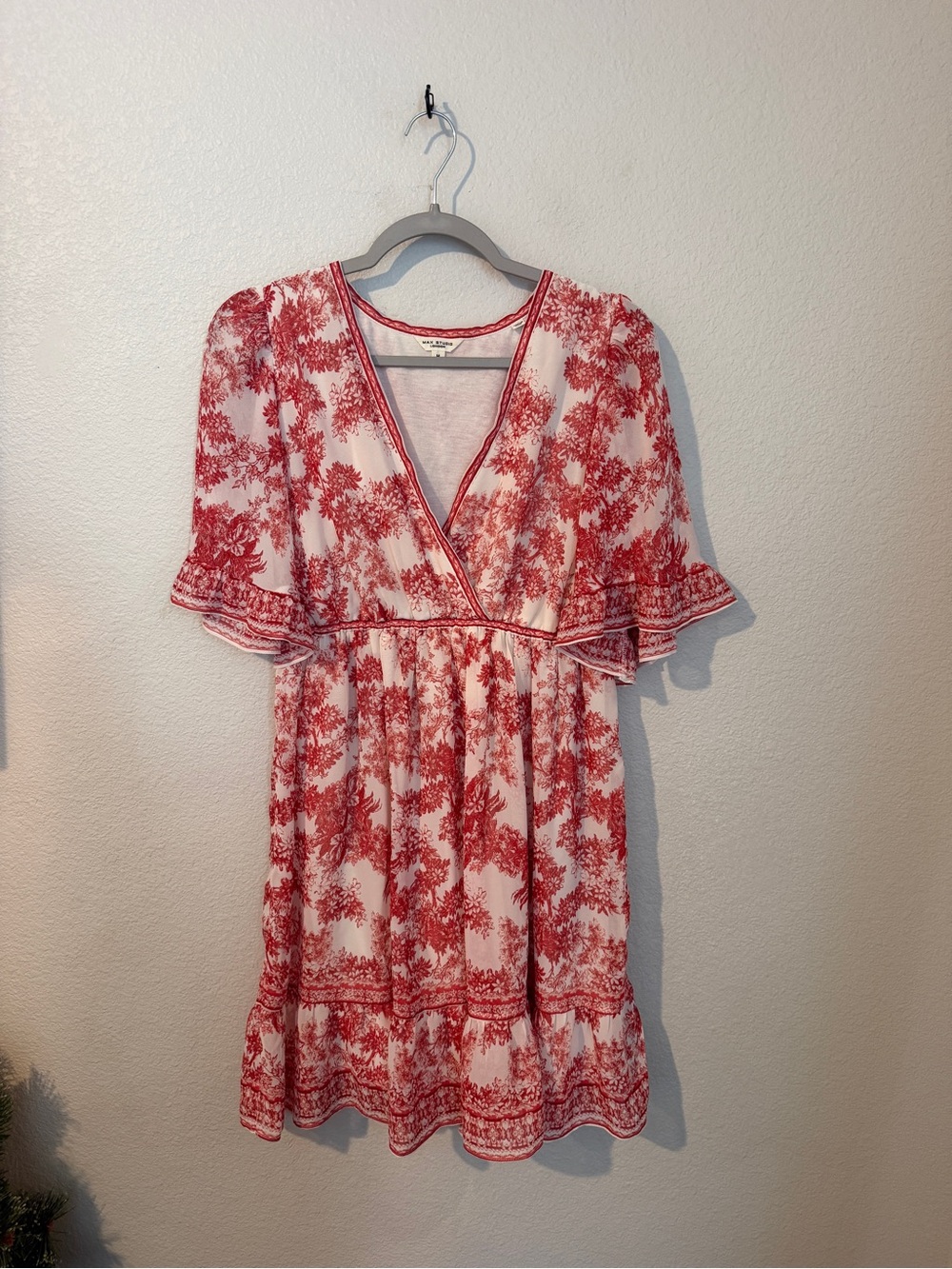 Max Studio Red and White Floral Wrap Mini Dress